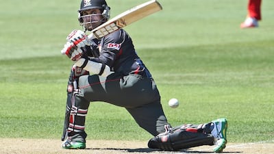 Shaiman Anwar sweeps the ball on his way to his World Cup half-century against Zimbabwe on February 19. William West / AFP