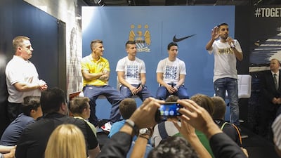 Matija Nastasic, Stevan Jovetic and Samir Nasri on stage during a Q & A session before an autograph signing at Marina Mall in Abu Dhabi on Tuesday. Mona Al-Marzooqi / The National / May 13, 2014