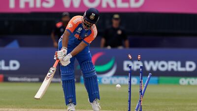 India batter Rishabh Pant is bowled by United States' Muhammad Ali-Khan for 18. AP