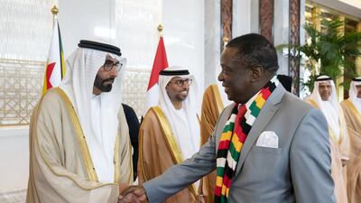 Mohammed Al Bowardi, UAE Minister of State for Defence Affairs greets Emmerson Mnangagwa, President of Zimbabwe, during a reception at the Presidential Airport. Ryan Carter for the Ministry of Presidential Affairs