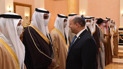 Bahraini officials welcome Israeli Prime Minister Naftali Bennett. EPA/Haim Zach Handout