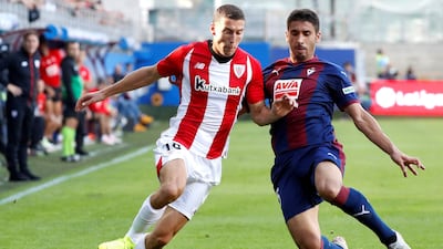 Athletic Bilbao's defender Oscar de Marcos in action against Eibar's Jose Angel Valdes. EPA