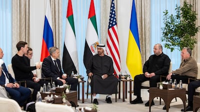 President Sheikh Mohamed receives the heads of delegations participating in the UAE-hosted trilateral talks between Russia, Ukraine and the US at Al Shati Palace. Delegates include Jared Kushner, Igor Kostyukov, Chief of the Main Directorate of the General Staff of the Russian Armed Forces, Rustem Umerov, Secretary of the National Security and Defence Council of Ukraine, and Steve Witkoff, US special envoy