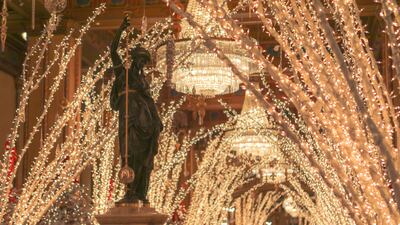 Awinter wonderland of birch branches and Christmas trees, twinkling with more than 60,000 lights. Photo: Roosevelt Hotel
