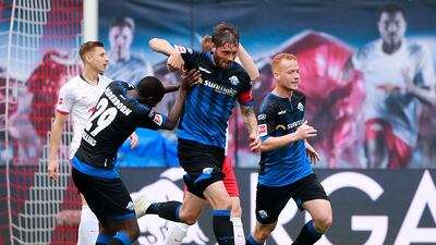 RB LEIPZIG 1 PADERBORN 1: Christian Strohdiek, of Paderborn, celebrates scoring the equaliser against RB Leipzig in the Bundesliga match at the Red Bull Arena on June 6, 2020. EPA