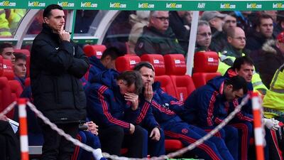 Manchester United manager Louis van Gaal reacts during his side’s loss to Stoke City in the Premier League on Saturday. Laurence Griffiths / Getty Images
