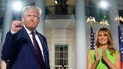 President Donald Trump and first lady Melania Trump stand on the South Lawn of the White House on the fourth day of the Republican National Convention. AP Photo