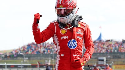 Ferrari's Charles Leclerc celebrates after winning the British Grand Prix. Reuters