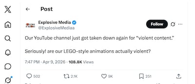 Explosive Media, which is responsible for the creation of many of the Lego video parodies sympathetic to Iran and antagonistic toward US President Donald Trump, said that it's YouTube channel was taken down.