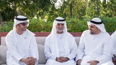 (L-R) Sheikh Hazza bin Zayed, Sheikh Nahyan bin Mubarak and Sheikh Theyab bin Mohamed, Member of the Executive Council, Chairman of Abu Dhabi Crown Prince's Court, attend an Al Maqam Palace barza. Hamad Al Kaabi / Ministry of Presidential Affairs