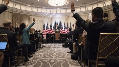 US President Donald Trump takes a question during a news conference on the sidelines of the UN General Assembly in New York, US, on Wednesday, Sept. 26, 2018. Bloomberg