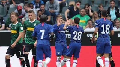 Ross Barkley of Chelsea celebrates after scoring his team's second goal during the pre-season friendly match between Borussia Moenchengladbach and FC Chelsea at Borussia-Park in Moenchengladbach, Germany. All photos by Getty Images