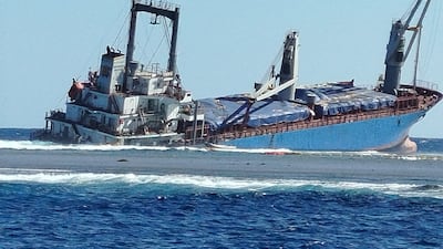 Damage to the VSG Glory's hull from the collision made it tilt and sink as it was moved to El Quseir port. Photo: HEPCA