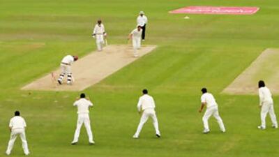 The English fast bowler Steve Harmison bowls out Fidel Edwards of the West Indies at Durham. The long line of slip fielders is a common sight in Test cricket but not always utilised in the shorter version of the game.