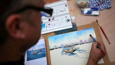 British artist Trevor Waugh teaches students how to paint in his "Exploring Watercolour" class at the Majlis Gallery in Dubai's Bastikya district.