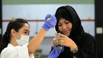 Mary Jane Alvero-Al Mahdi, right, the chief executive of Geoscience Testing Laboratory, in the company's new research centre.