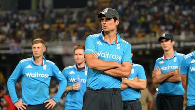 Alastair Cook, centre, has scored just one fifty in ODIs in his past 22 innings. Gareth Copley / Getty Images