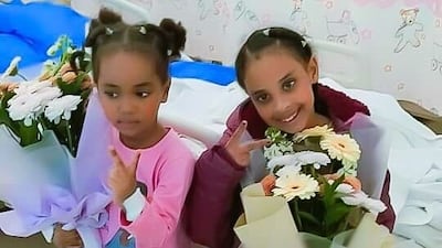Kulthum (L) and her friend Yaqeen (R) leaving the hospital in Sharjah. Photo: Sharjah Civil Defence Authority