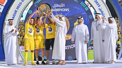 Sheikh Ahmed crowning Al Wasl Club champions after their match against Al Nasr during the 26th round of the Adnoc Pro League. Photo: Dubai Media Office