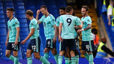 James Maddison (right) celebrates giving Leicester the lead. PA