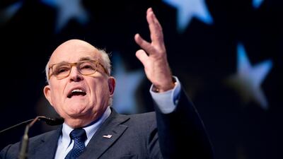 Rudy Giuliani, an attorney for President Donald Trump, speaks at the Iran Freedom Convention for Human Rights and democracy at the Grand Hyatt, Saturday, May 5, 2018, in Washington. (AP Photo/Andrew Harnik)