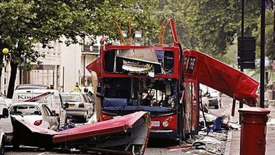 The wreckage of the double-decker bus in Tavistock Square, London after a suicide bomber blew himself up in one of four explosions on July 7, 2005.