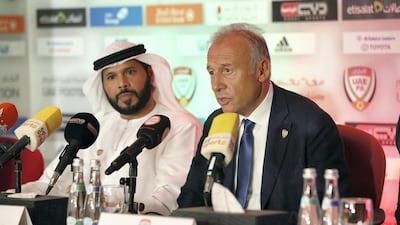 Alberto Zacceroni, right, speaks to the media alongside UAE FA president Marwan bin Ghalaita after being appointed the new UAE national team manager. Chris Whiteoak / The National