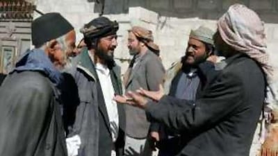 Yemeni Jews and Muslims talk at the village of Kharef, 80 kilometres north of the capital San'a.