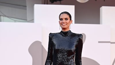 Model Sara Sampaio, in a black sequin gown, arrives for the premiere of 'The Son'. EPA