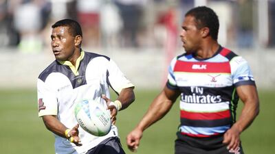 Fijian sevens legend Waisale Serevi, left, and J9 legends were runners up to Xodus Steelers in the International Veterans class at the 2013 Dubai Sevens. Jake Badger / The National