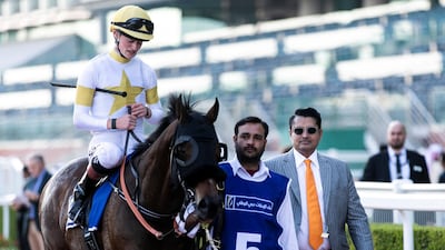Jockey Sean Kirrane on Speedy Move wons Emirates NBD Private Banking Thoroughbreds race at Meydan Racecourse. Reem Mohammed / The National