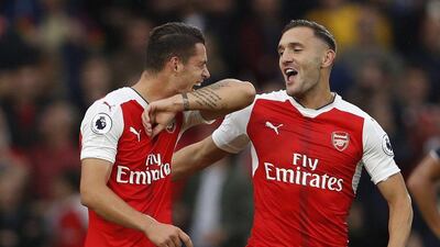 Arsenal’s Granit Xhaka celebrates scoring their fourth goal with Lucas Perez. Lee Smith / Action Images / Reuters