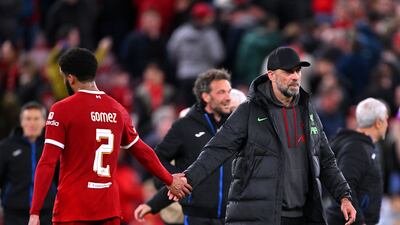 Liverpool manager Jurgen Klopp with Joe Gomez of Liverpool after their defeat in the Europa League quarter-final first leg against Atalanta at Anfield. Getty Images