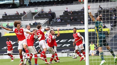 Toby Alderweireld heads home Spurs' winner in their 2-1 derby victory over Arsenal at the Tottenham Hotspur Stadium, on Sunday, July 12, 2020. EPA