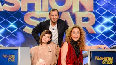 From left, Hanaa Ben Abdesselem, Ramzi Tabiaat and Reem Acra on the sets of Fashion Star. Courtesy Dubai One