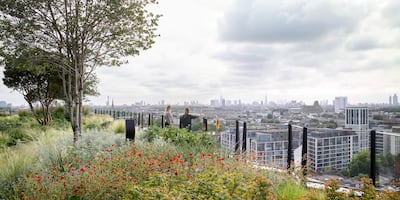 A roof terrace at Olympia, with views across London. Olympia