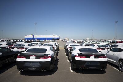 New Chevrolet Camaro cars at Zeebrugge Port.
