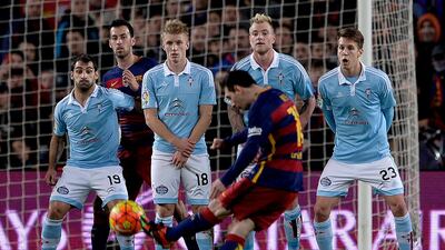 8. Messi fires an incredible free kick to score during La Liga match against Celta Vigo at Camp Nou in 2016. AFP