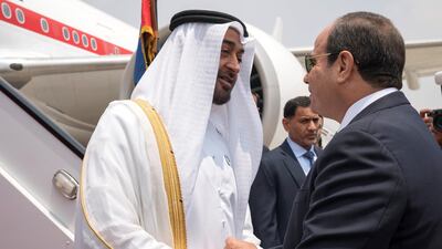 Sheikh Mohammed bin Zayed is greeted by Mr Sisi, upon arrival at Cairo international Airport, commencing an official visit. Mohammed Al Hammadi / Crown Prince Court - Abu Dhabi
