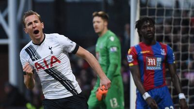Tottenham’s Harry Kane celebrates his goal on Saturday against Crystal Palace. Will Oliver / EPA