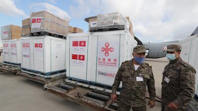 Sinovac anti-coronavirus vaccines arrive at Tunis-Carthage airport in Tunis. Minister of Health Faouzi Mehdi said the Chinese donation of 200,000 doses of Sinovac carried by a Tunisian military plane was the third vaccine against coronavirus that Tunisia received. EPA
