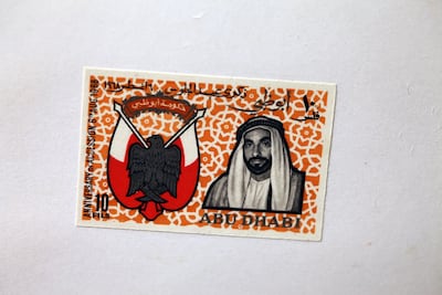 Prototype postage stamp of Sheikh Zayed's accession from Abu Dhabi 1968. Courtesy Mohammed Al Fahim Photography; Razan Alzayani, Deepthi Unnikrishnan & Tina Chang