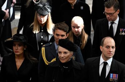 From left, Sophie Winkleman, Princess Michael of Kent and Frederick Windsor at the funeral of Queen Elizabeth II at Westminster Abbey. Getty Images