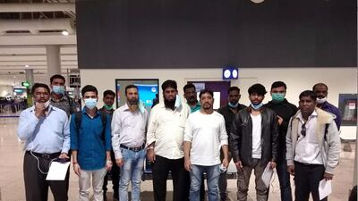 Fourteen Indian sailors held in Yemen for 10 months were repatriated through Dubai on Sunday. Courtesy: Pravasi Legal Cell