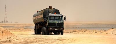 A tanker removing industrial waste from the remote Wafra area, where one of two oil fields in a neutral zone between Kuwait and Saudi Arabia are set to reopen. Gustavo Ferrari / The National.