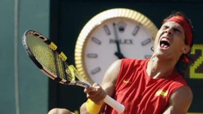 Spain's Rafael Nadal celebrates another magnificent passing shot on his way to victory over America's Andy Roddick.
