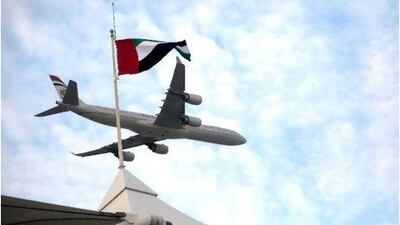 United Arab Emirates - Abu Dhabi - November 10th, 2010: An Etihad Aeroplane practices a flyover at Yas Circuit that will be preformed on race day. (Galen Clarke/The National)