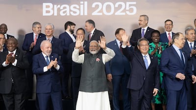 From left, South African President Cyril Ramaphosa, Brazilian President Luiz Inacio Lula da Silva, Indian Prime Minister Narendra Modi, Chinese Premier Li Qiang, and Russian Foreign Minister Sergey Lavrov. Bloomberg