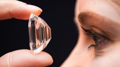 The 100-carat emerald-cut diamond tours the world before being auctioned at Sotheby’s in New York next month. Leon Neal / AFP