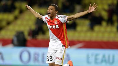 Kylian Mbappe celebrates after scoring for Monaco in a Ligue 1 match against Troyes in 2016. AP